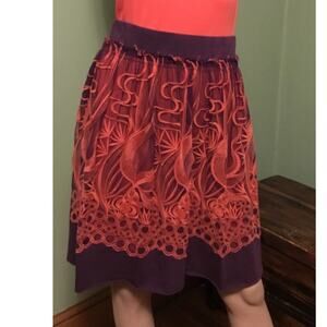 Vintage Vivienne Tam Purple Orange Embroidered Mesh Overlay Knee Length Skirt